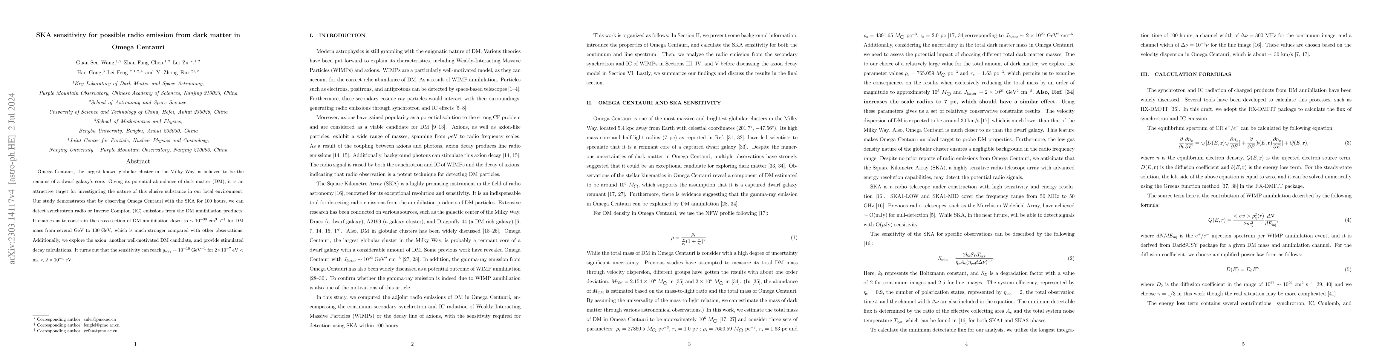 Thumbnail for SKA sensitivity for possible radio emission from dark matter in Omega
  Centauri