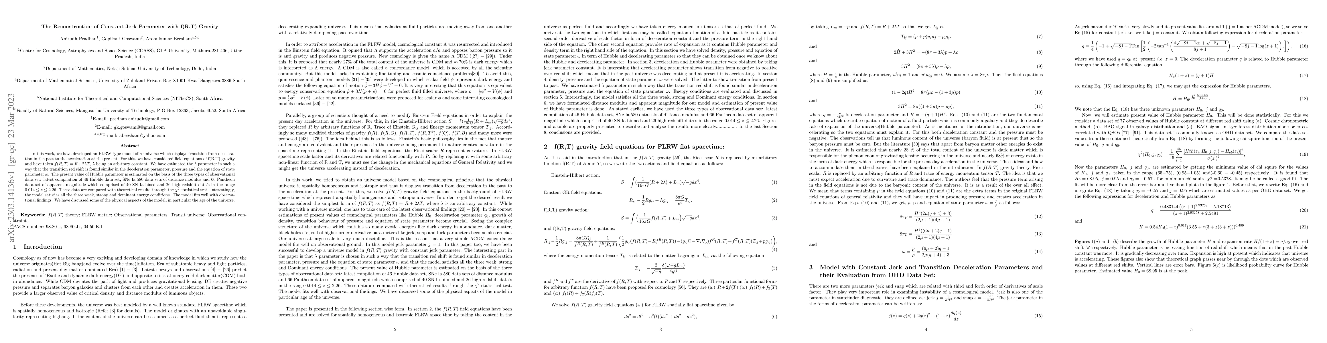 Thumbnail for The Reconstruction of Constant Jerk Parameter with $f(R,T)$ Gravity