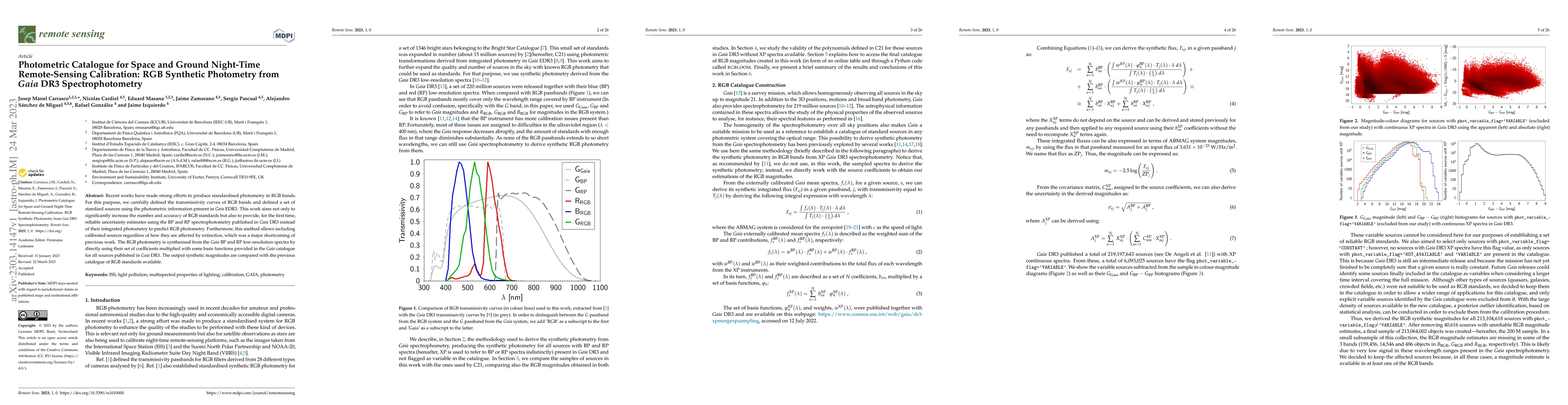 Thumbnail for Photometric Catalogue for Space and Ground Night-Time Remote-Sensing
  Calibration: RGB Synthetic Photometry from Gaia DR3 Spectrophotometry