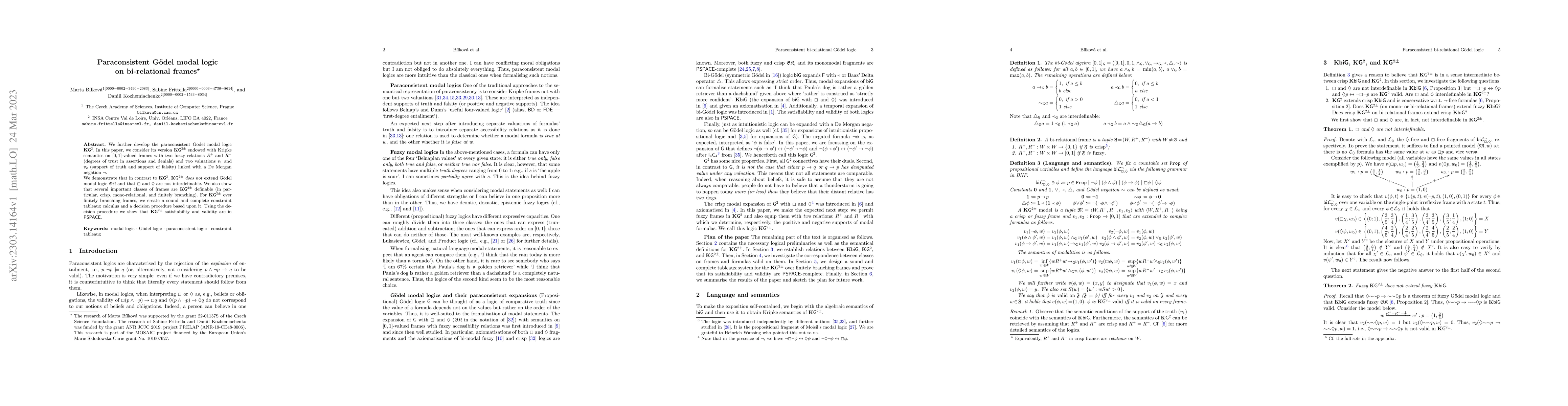 Thumbnail for Paraconsistent G\"{o}del modal logic on bi-relational frames
