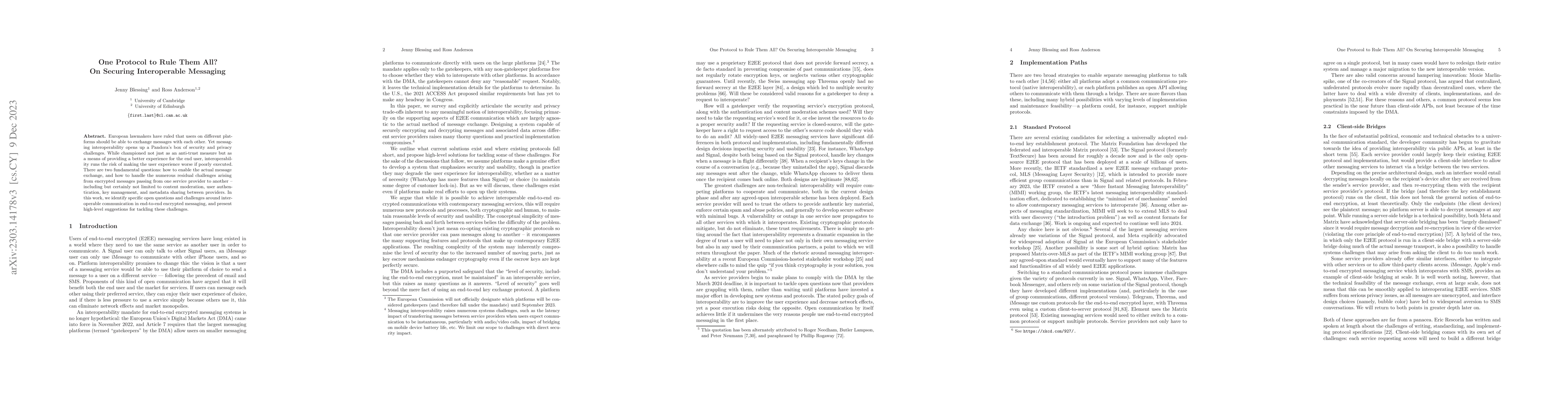 Thumbnail for One Protocol to Rule Them All? On Securing Interoperable Messaging