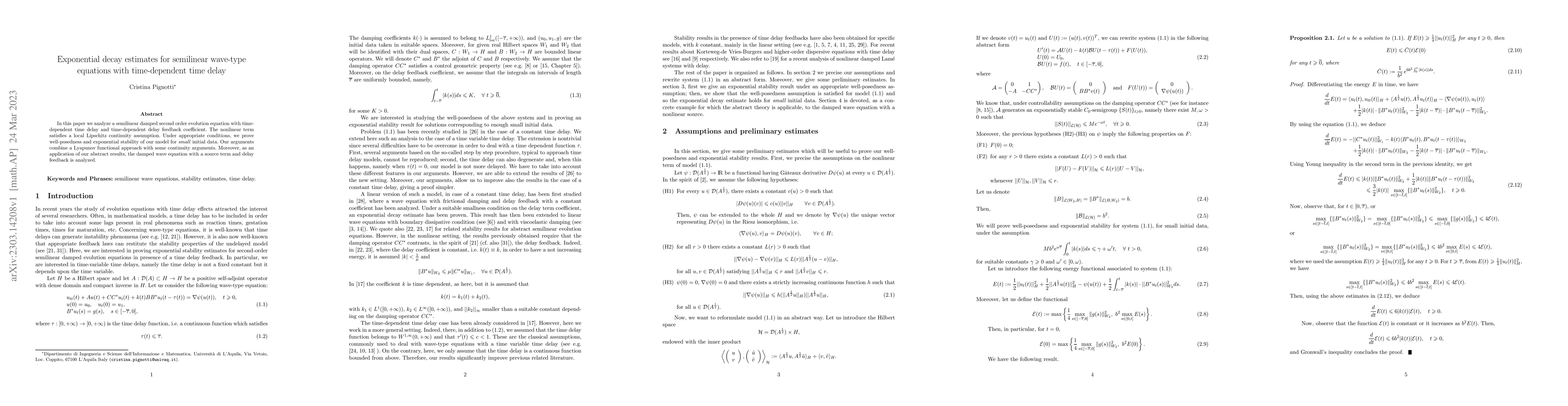 Thumbnail for Exponential decay estimates for semilinear wave-type equations with
  time-dependent time delay