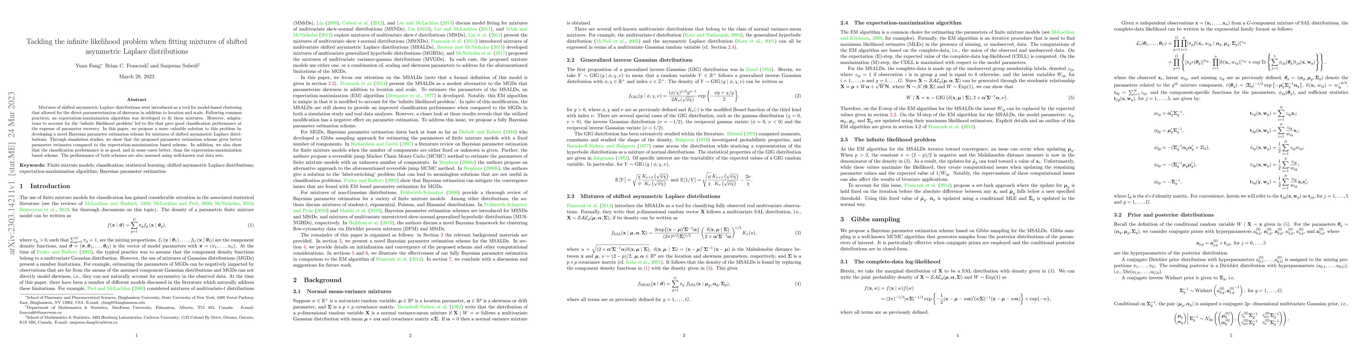 Thumbnail for Tackling the infinite likelihood problem when fitting mixtures of
  shifted asymmetric Laplace distributions