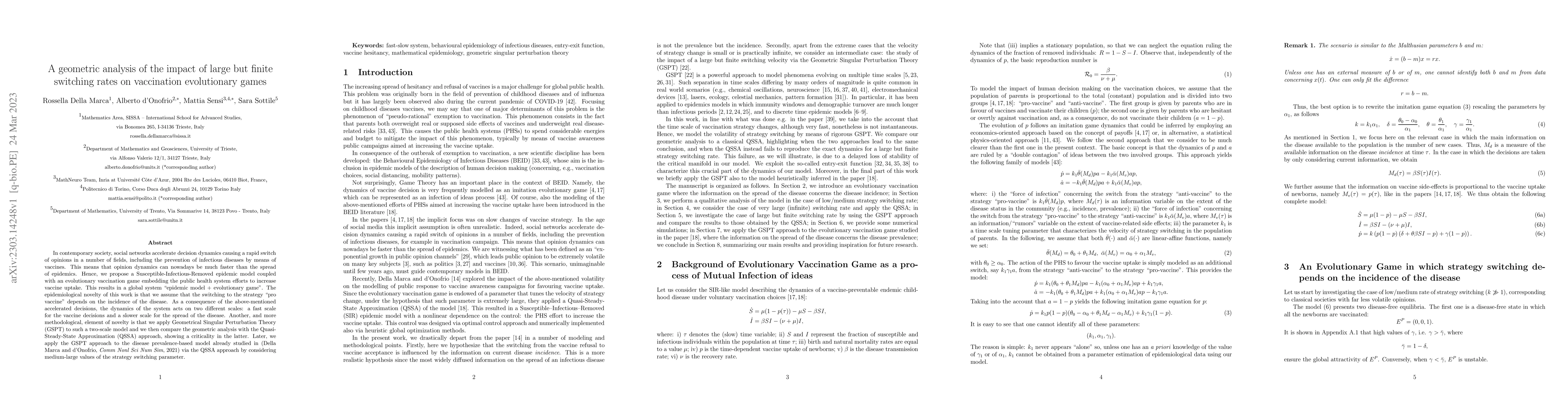 Thumbnail for A geometric analysis of the impact of large but finite switching rates
  on vaccination evolutionary games
