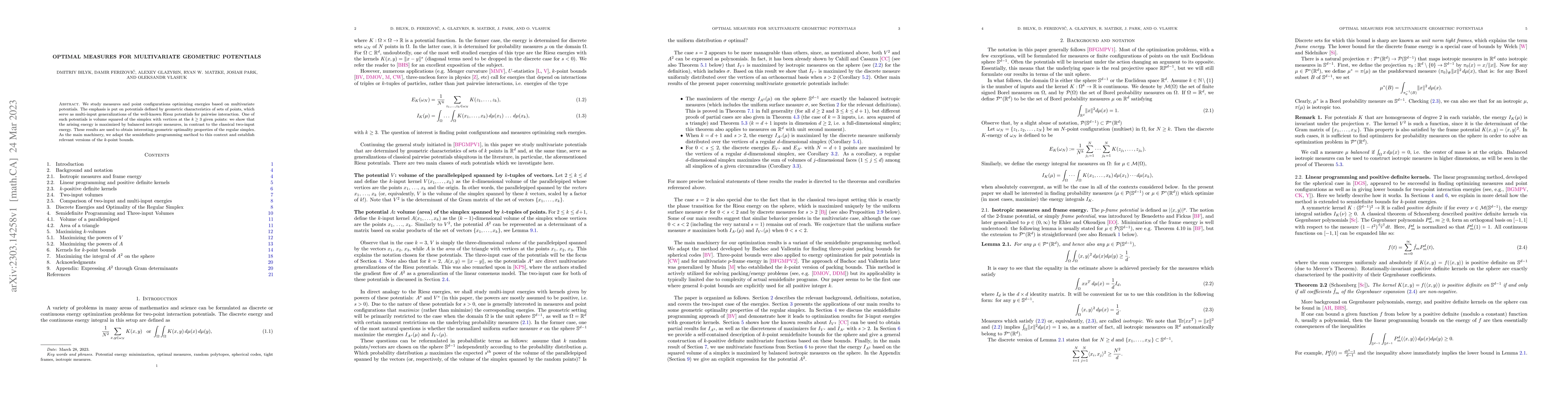 Thumbnail for Optimal Measures for Multivariate Geometric Potentials
