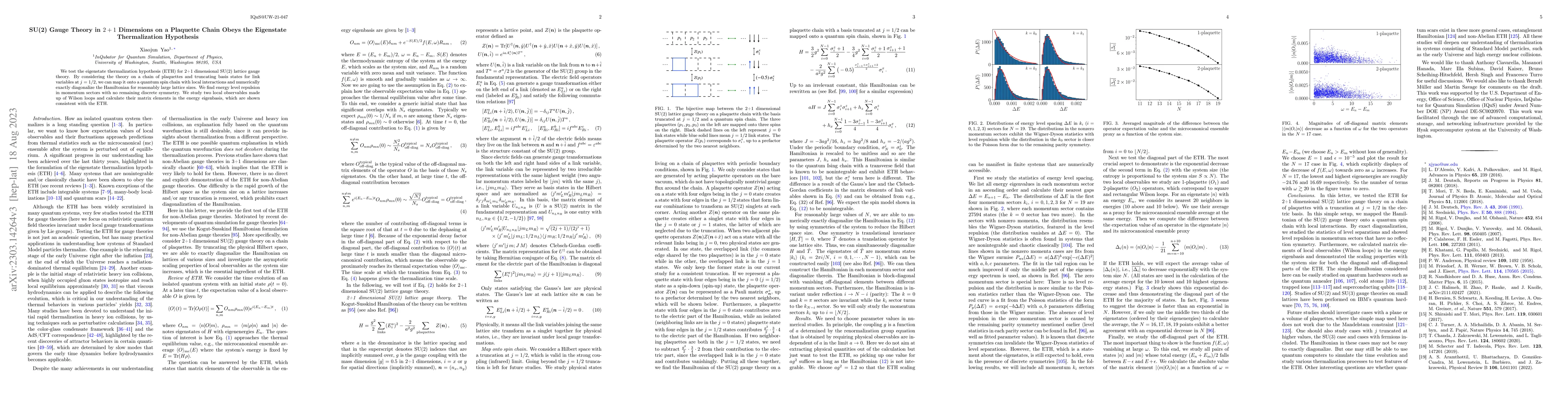 Thumbnail for SU(2) Gauge Theory in $2+1$ Dimensions on a Plaquette Chain Obeys the
  Eigenstate Thermalization Hypothesis