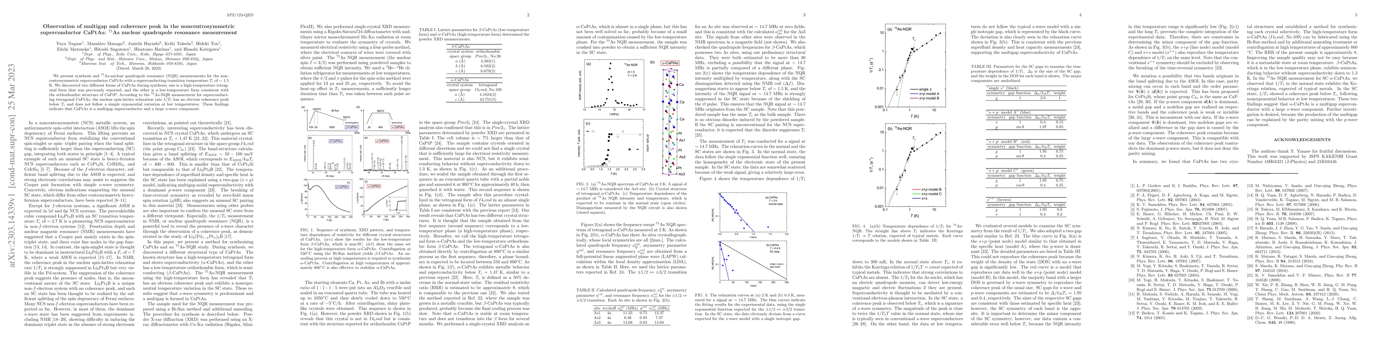 Thumbnail for Observation of multigap and coherence peak in the noncentrosymmetric
  superconductor CaPtAs: $^{75}$As nuclear quadrupole resonance measurement