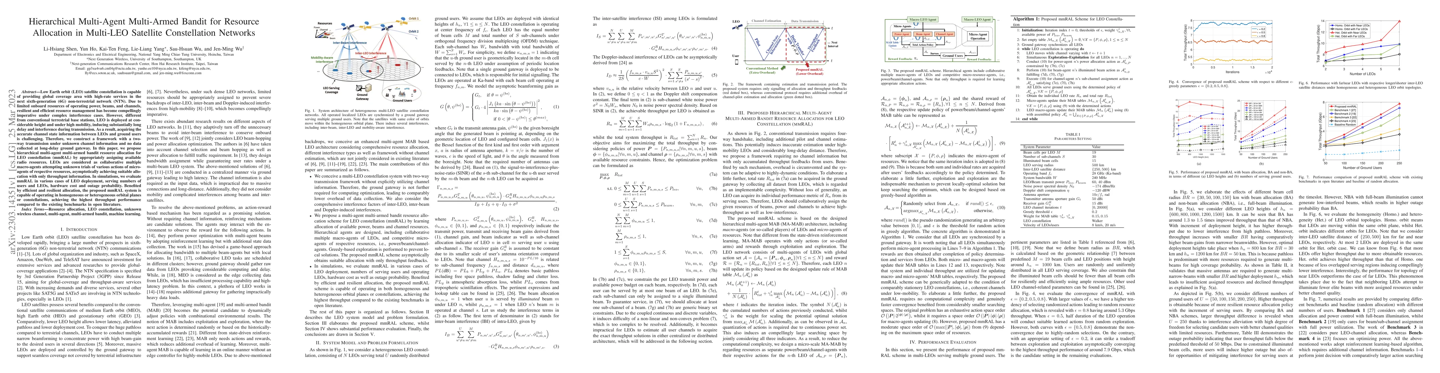 Thumbnail for Hierarchical Multi-Agent Multi-Armed Bandit for Resource Allocation in
  Multi-LEO Satellite Constellation Networks