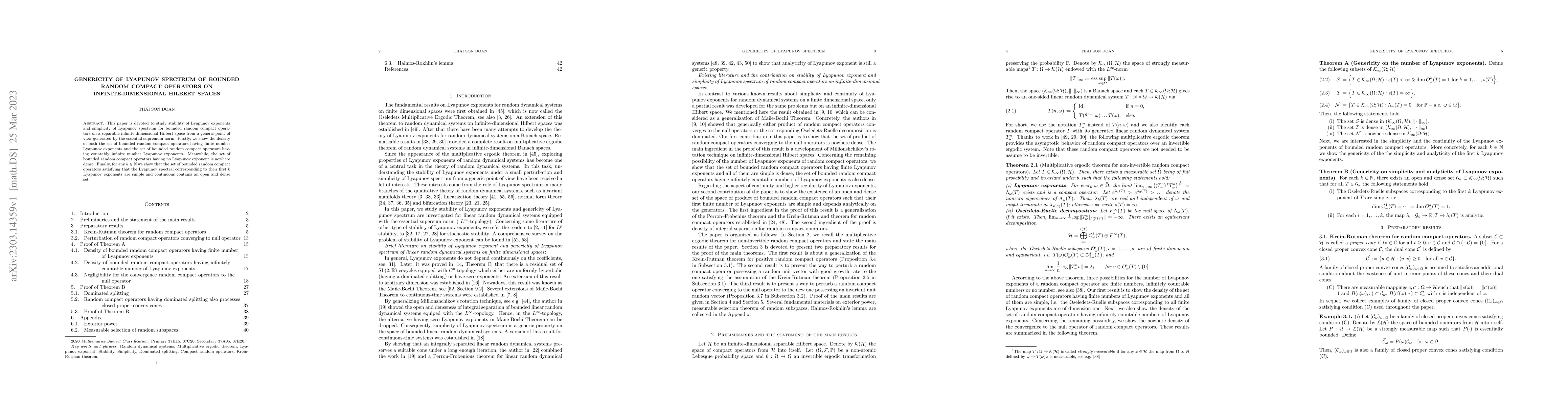Thumbnail for Genericity of Lyapunov spectrum of bounded random compact operators on
  infinite-dimensional Hilbert spaces