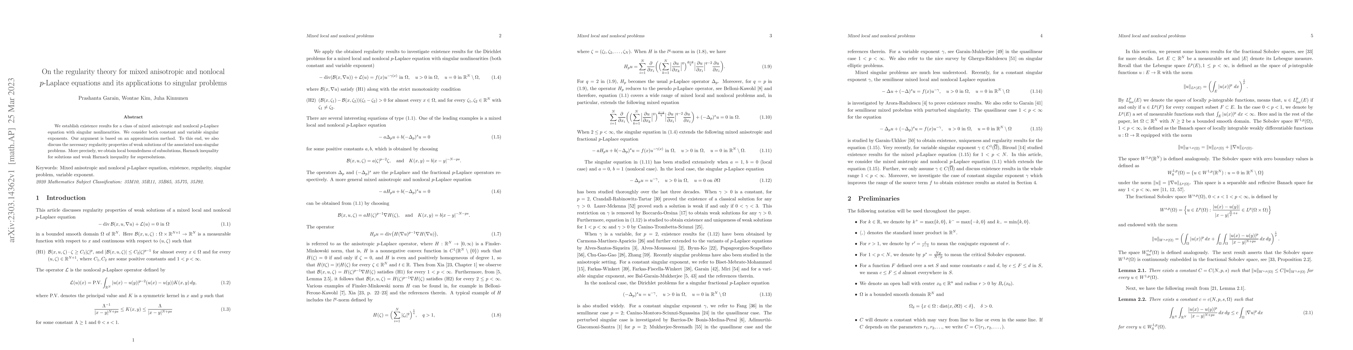 Thumbnail for On the regularity theory for mixed anisotropic and nonlocal $p$-Laplace
  equations and its applications to singular problems