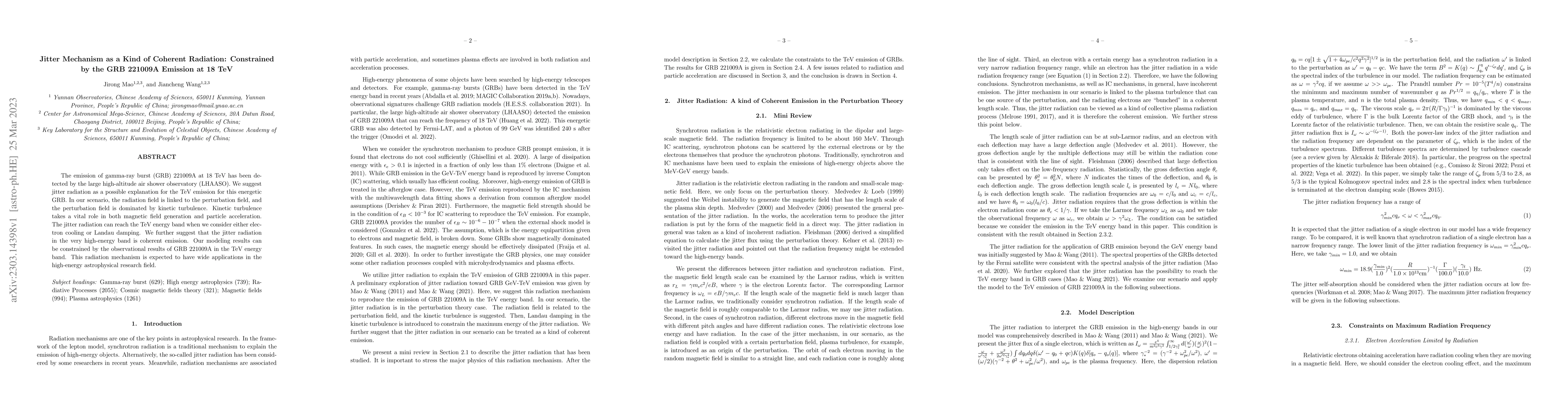 Thumbnail for Jitter Mechanism as a Kind of Coherent Radiation: Constrained by the GRB
  221009A Emission at 18 TeV