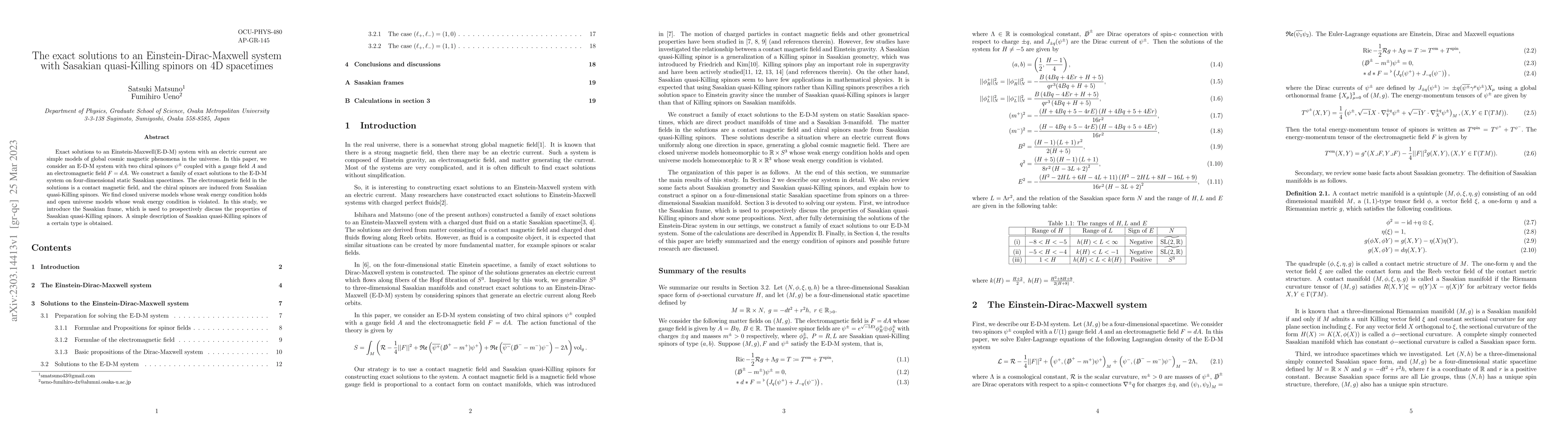 Thumbnail for The exact solutions to an Einstein-Dirac-Maxwell system with Sasakian
  quasi-Killing spinors on 4D spacetimes