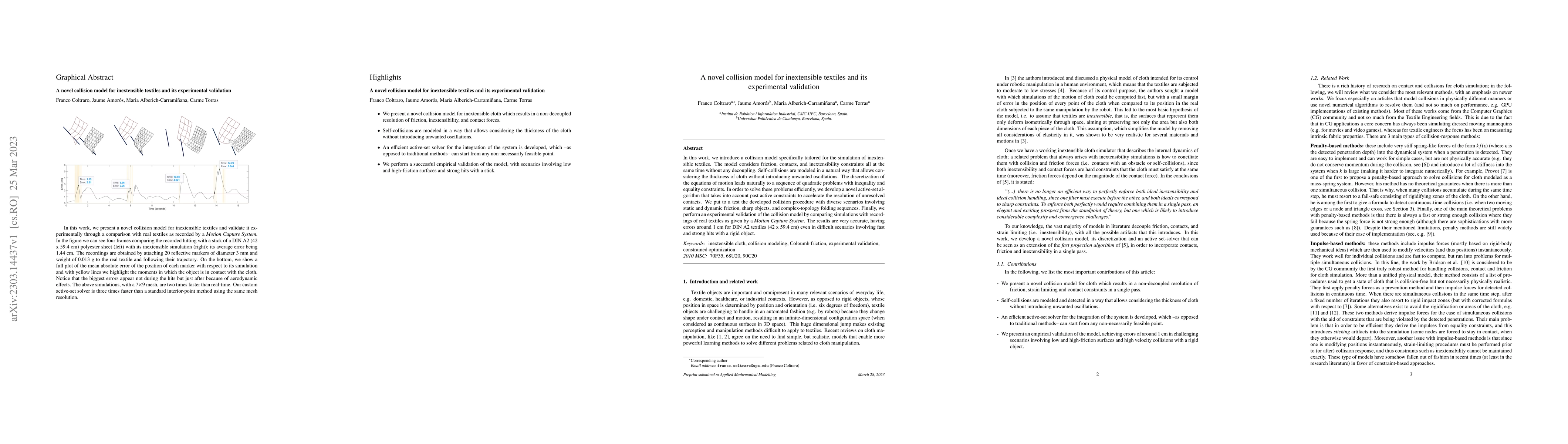 Thumbnail for A novel collision model for inextensible textiles and its experimental
  validation
