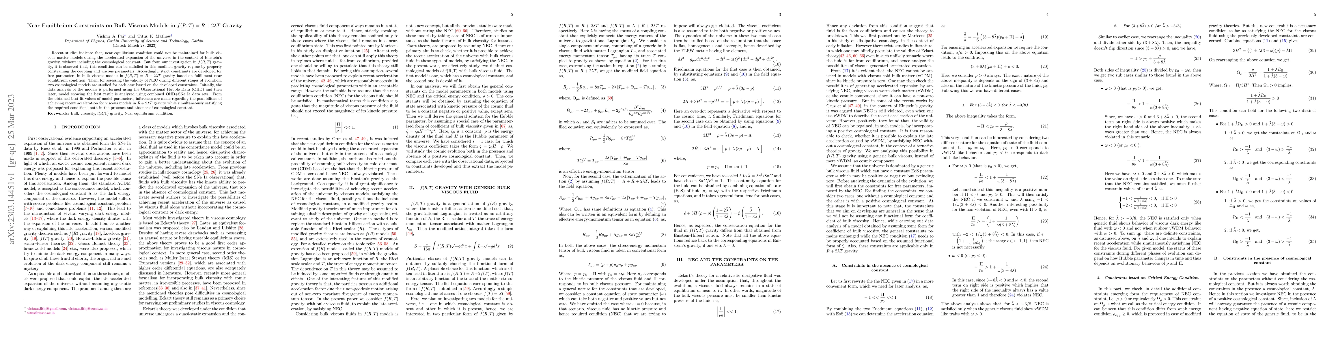 Thumbnail for Near Equilibrium Constraints on Bulk Viscous Models in
  $f(R,T)=R+2\lambda T$ Gravity