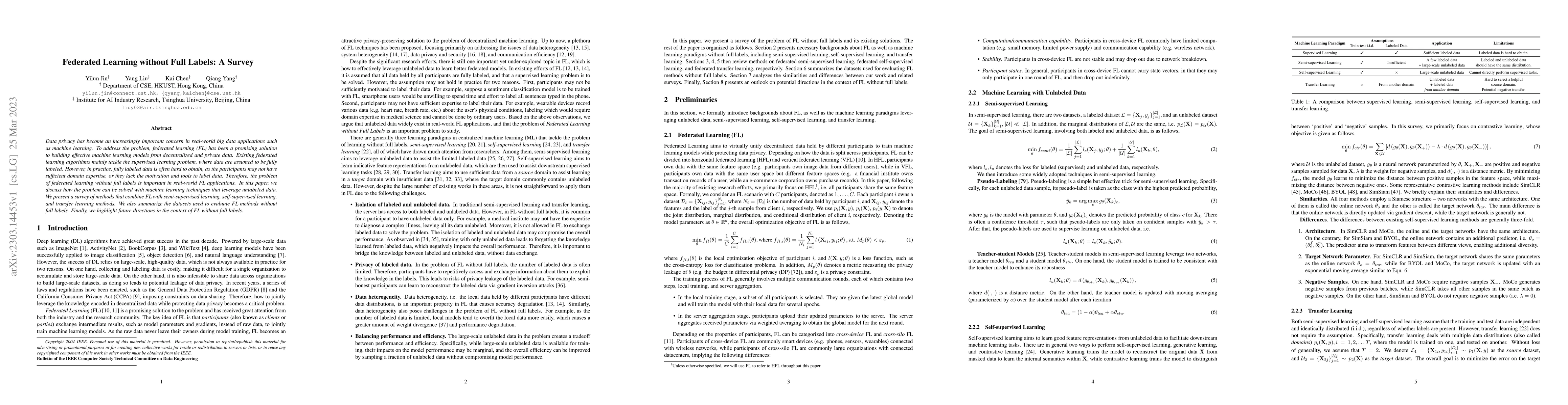 Thumbnail for Federated Learning without Full Labels: A Survey