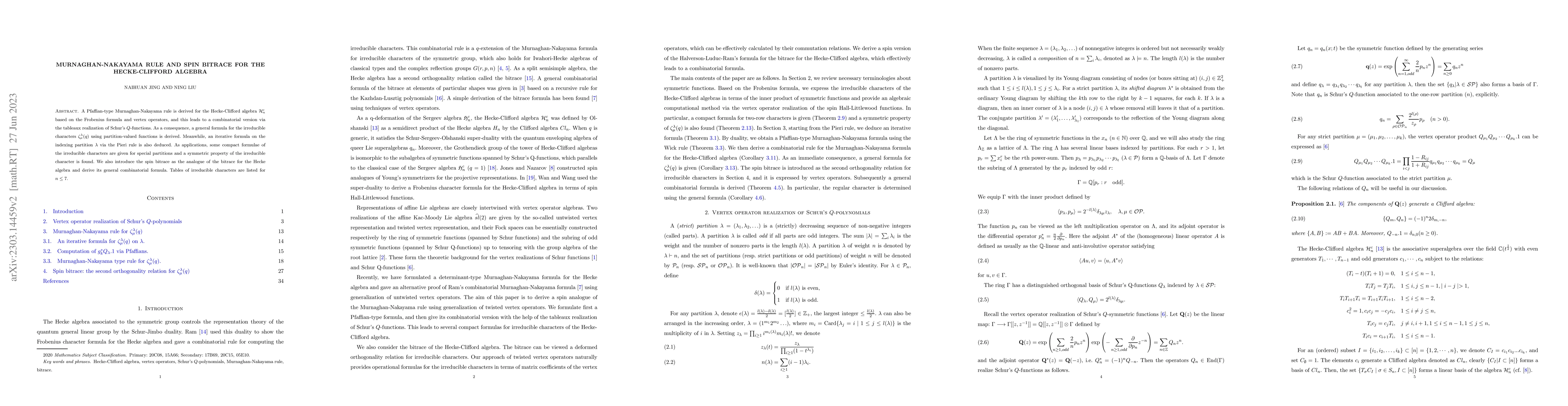 Thumbnail for Murnaghan-Nakayama rule and spin bitrace for the Hecke-Clifford Algebra