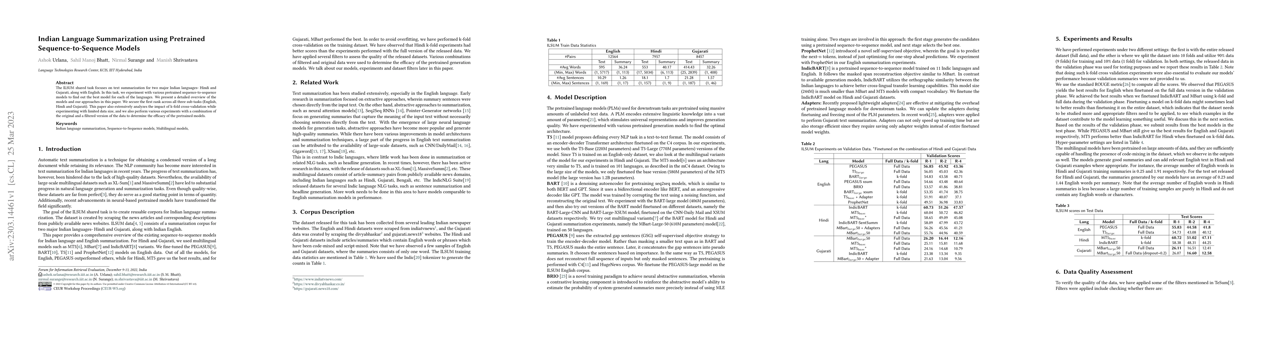 Thumbnail for Indian Language Summarization using Pretrained Sequence-to-Sequence
  Models