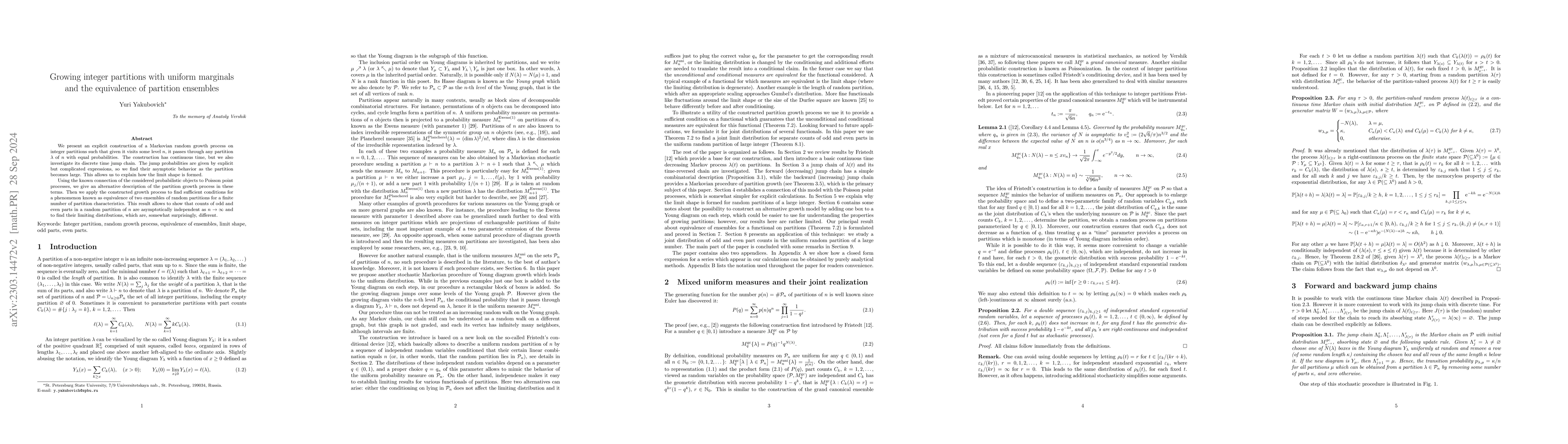 Thumbnail for Growing integer partitions with uniform marginals and the equivalence of
  partition ensembles