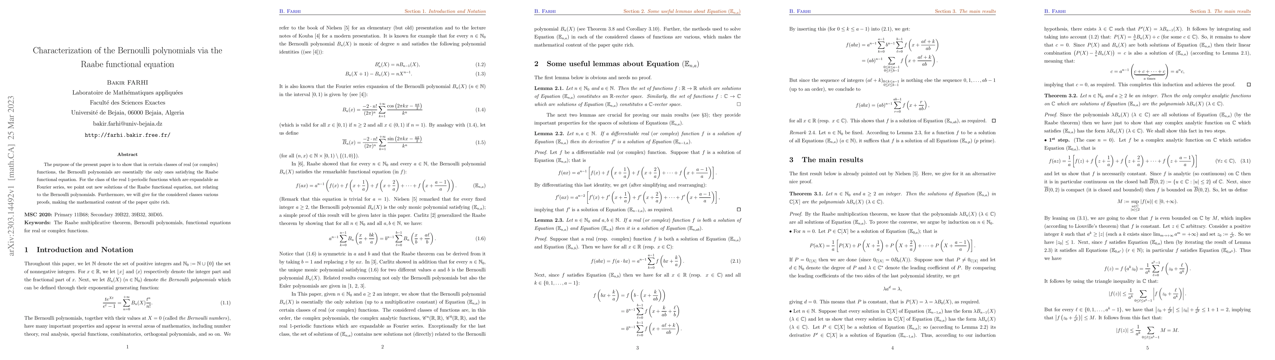 Thumbnail for Characterization of the Bernoulli polynomials via the Raabe functional
  equation