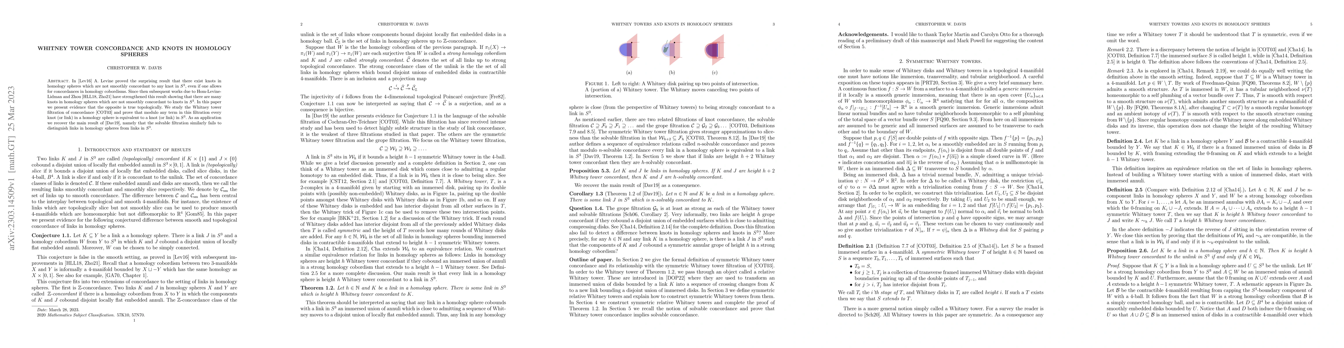 Thumbnail for Whitney tower concordance and knots in homology spheres