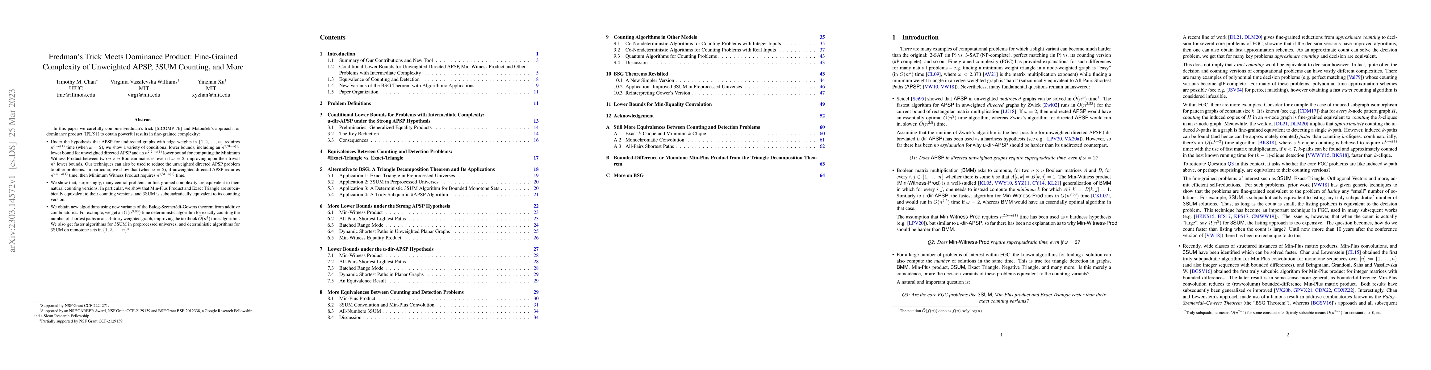 Thumbnail for Fredman's Trick Meets Dominance Product: Fine-Grained Complexity of
  Unweighted APSP, 3SUM Counting, and More