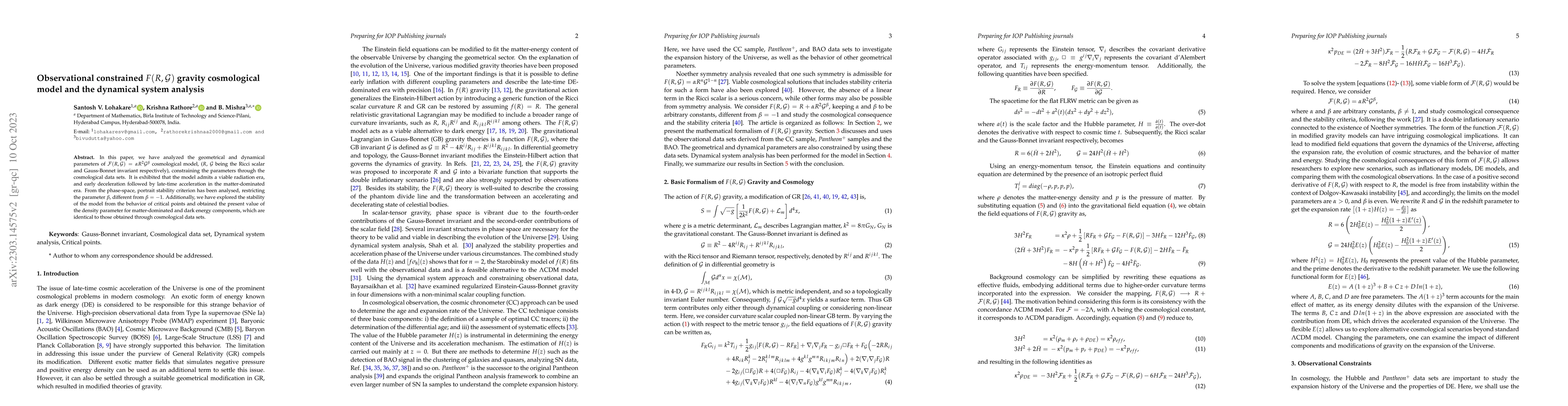 Thumbnail for Observational constrained $F(R, \mathcal{G})$ gravity cosmological model
  and the dynamical system analysis