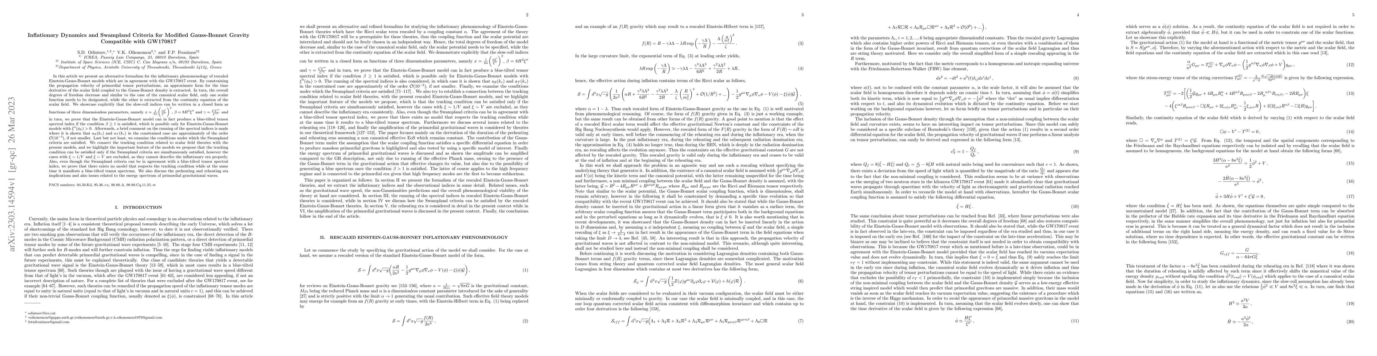 Thumbnail for Inflationary Dynamics and Swampland Criteria for Modified Gauss-Bonnet
  Gravity Compatible with GW170817