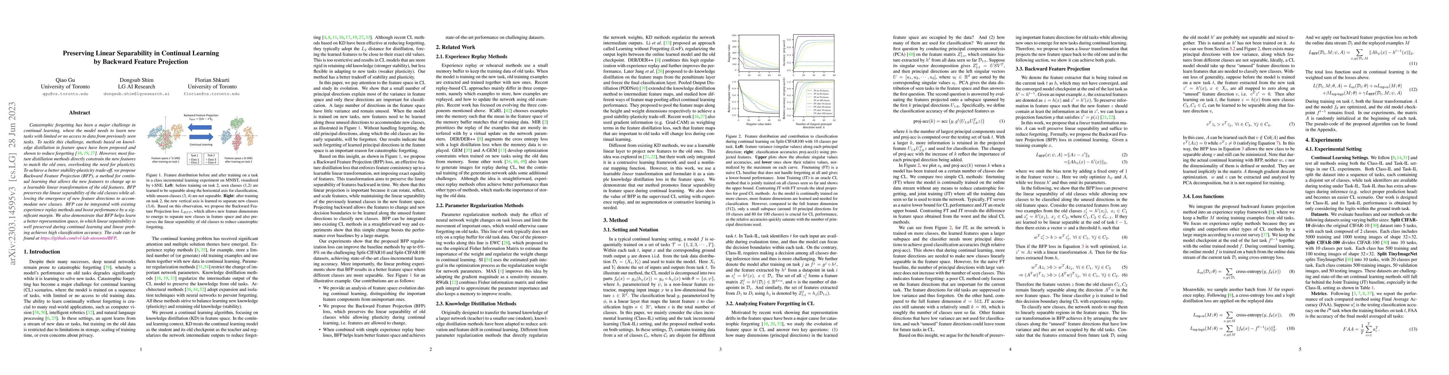 Thumbnail for Preserving Linear Separability in Continual Learning by Backward Feature
  Projection