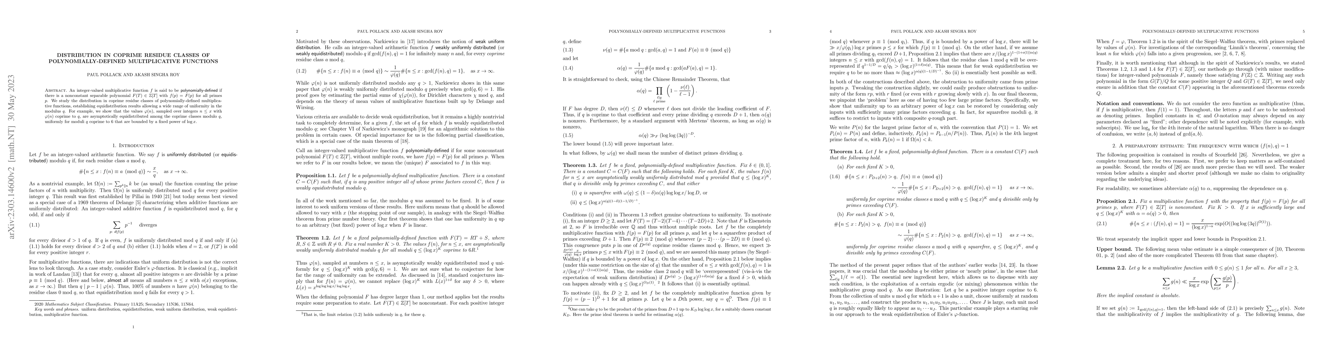 Thumbnail for Distribution in coprime residue classes of polynomially-defined
  multiplicative functions