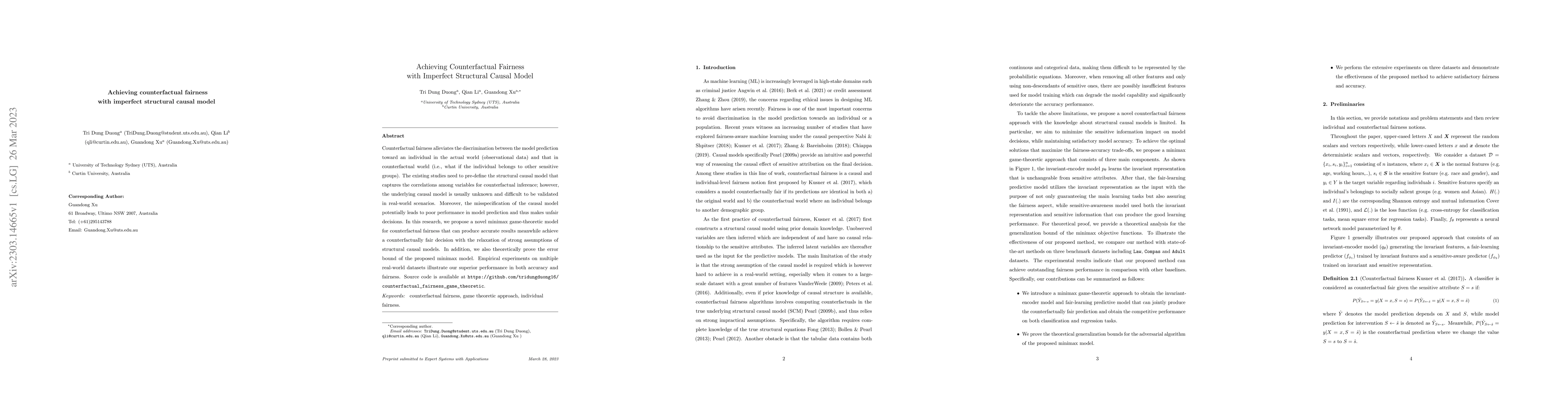 Thumbnail for Achieving Counterfactual Fairness with Imperfect Structural Causal Model