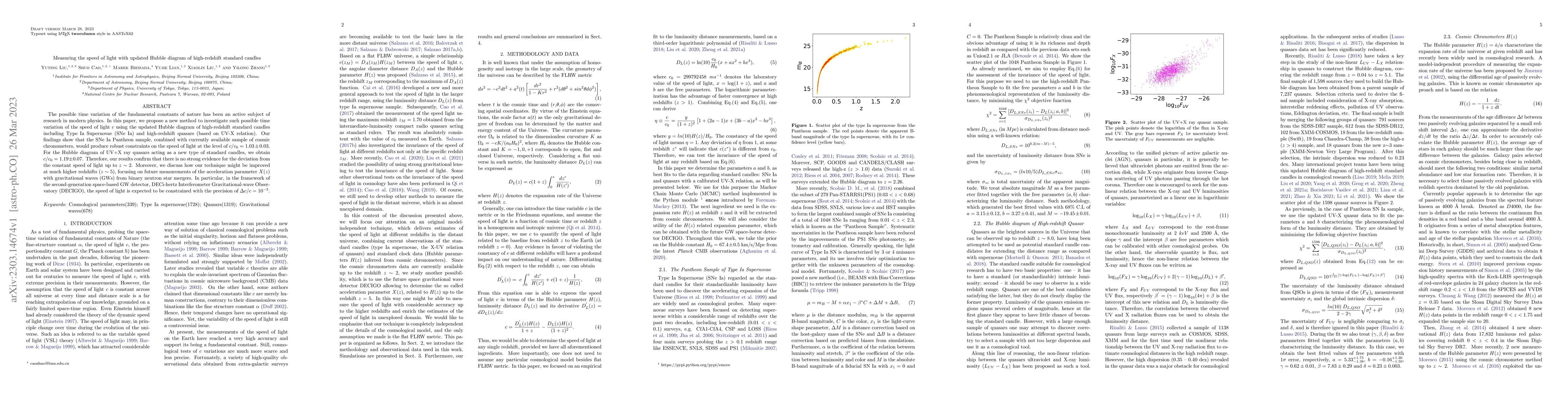Thumbnail for Measuring the speed of light with updated Hubble diagram of
  high-redshift standard candles