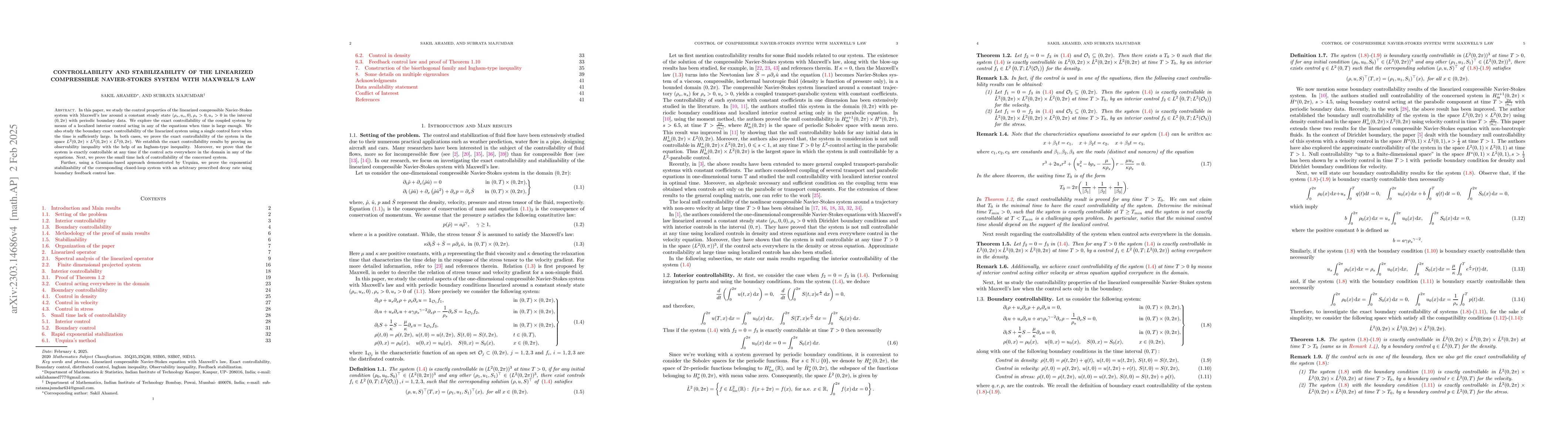 Thumbnail for Controllability and Stabilizability of the Linearized Compressible
  Navier-Stokes System with Maxwell's Law