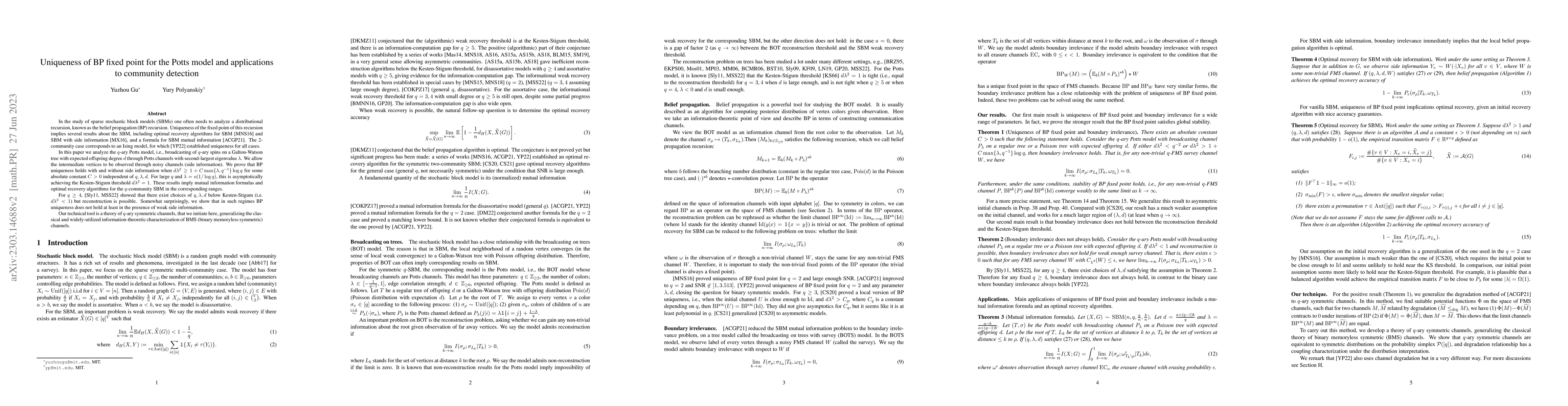 Thumbnail for Uniqueness of BP fixed point for the Potts model and applications to
  community detection