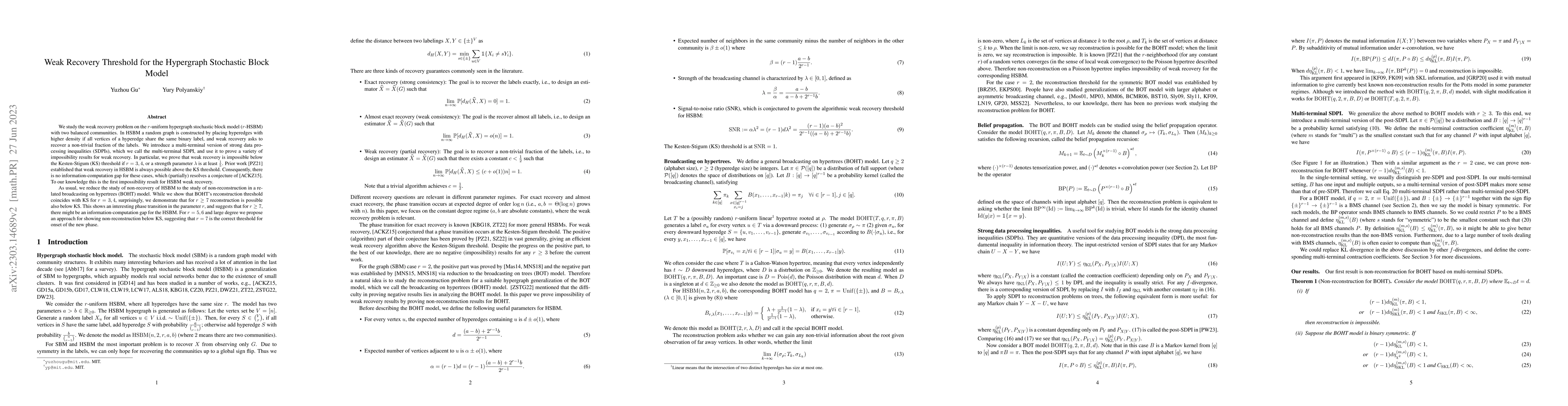 Thumbnail for Weak Recovery Threshold for the Hypergraph Stochastic Block Model