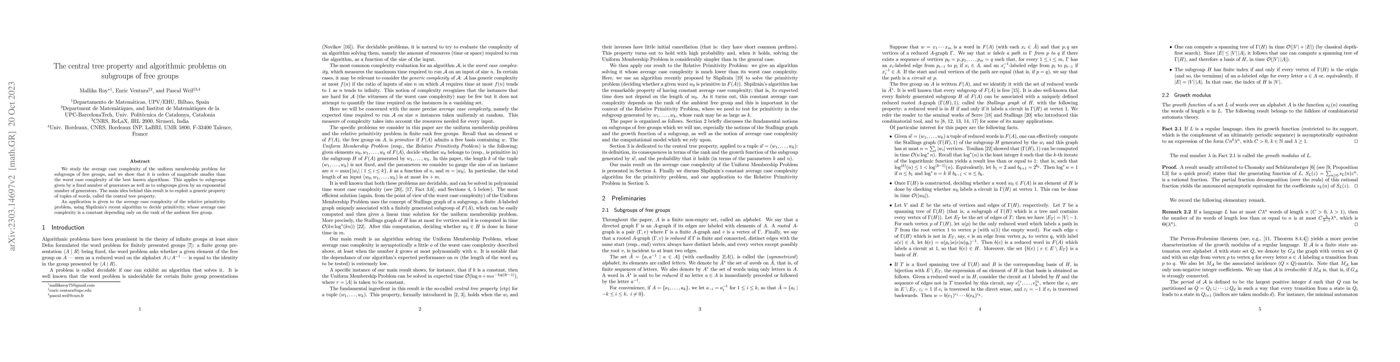 Thumbnail for The central tree property and algorithmic problems on subgroups of free
  groups