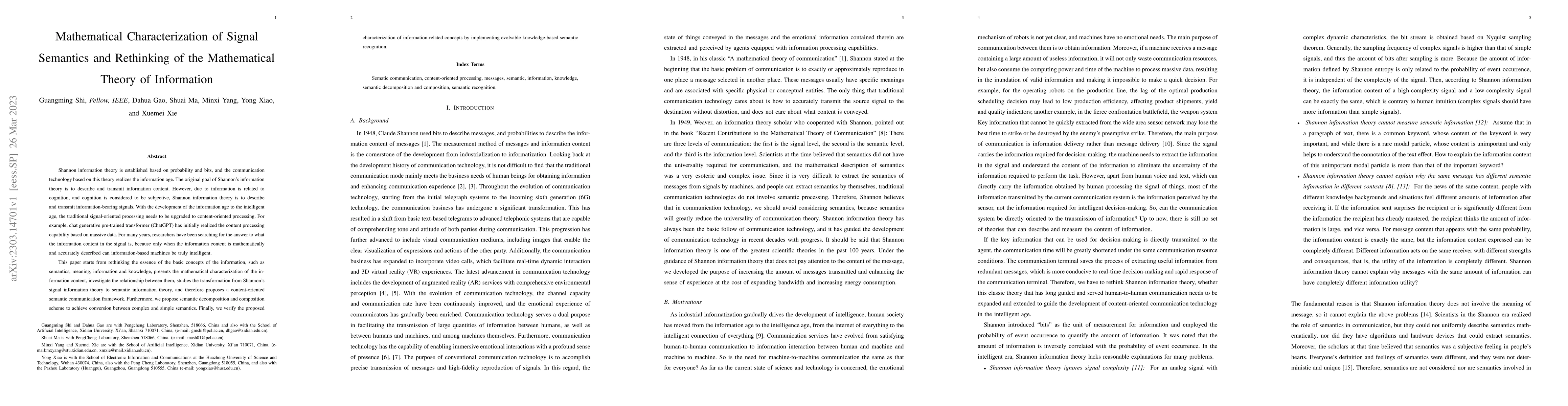 Thumbnail for Mathematical Characterization of Signal Semantics and Rethinking of the
  Mathematical Theory of Information