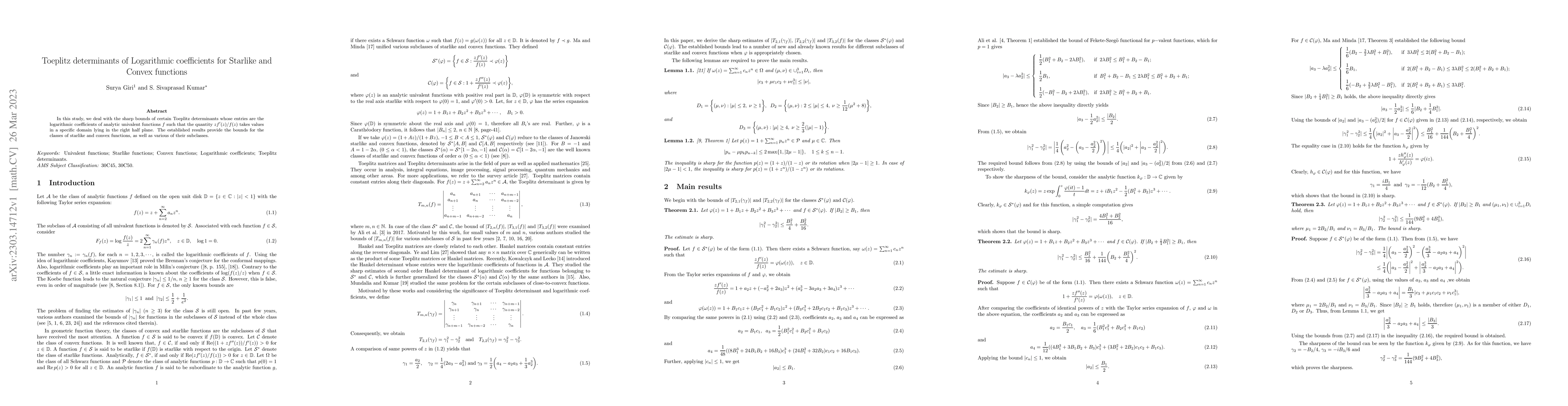 Thumbnail for Toeplitz determinants of Logarithmic coefficients for Starlike and
  Convex functions