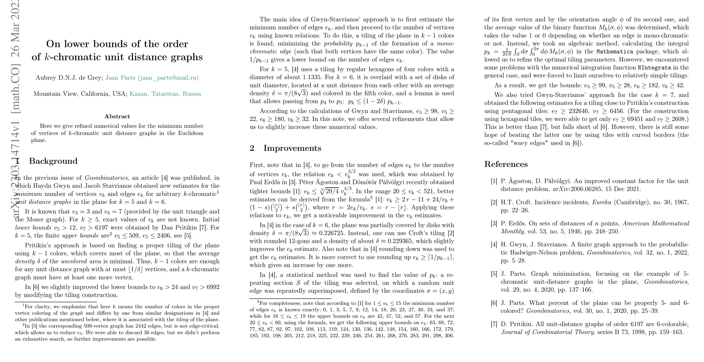 Thumbnail for On lower bounds of the order of $k$-chromatic unit distance graphs