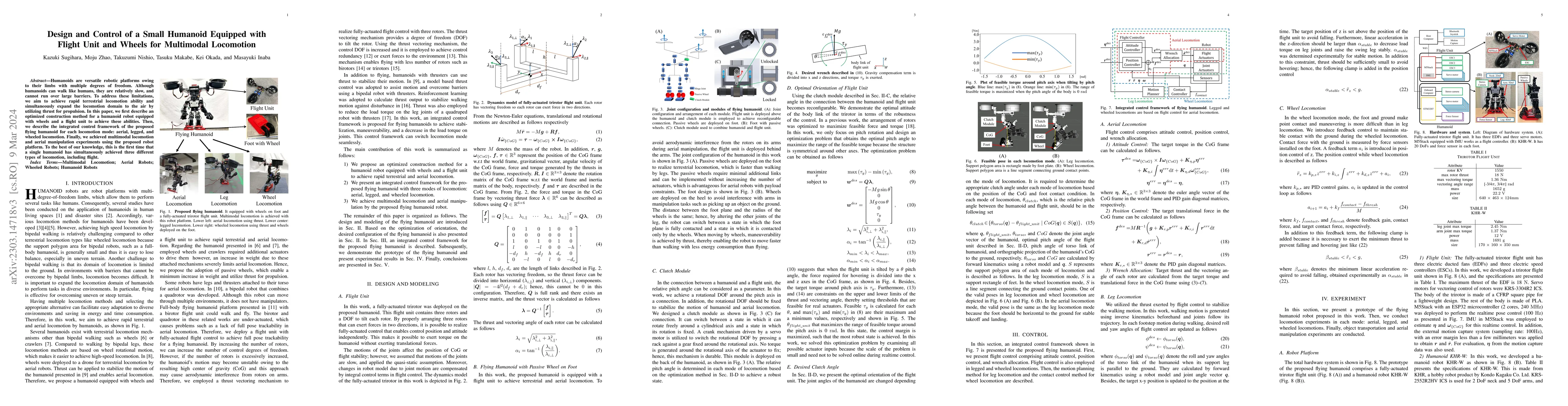 Thumbnail for Design and Control of a Small Humanoid Equipped with Flight Unit and
  Wheels for Multimodal Locomotion