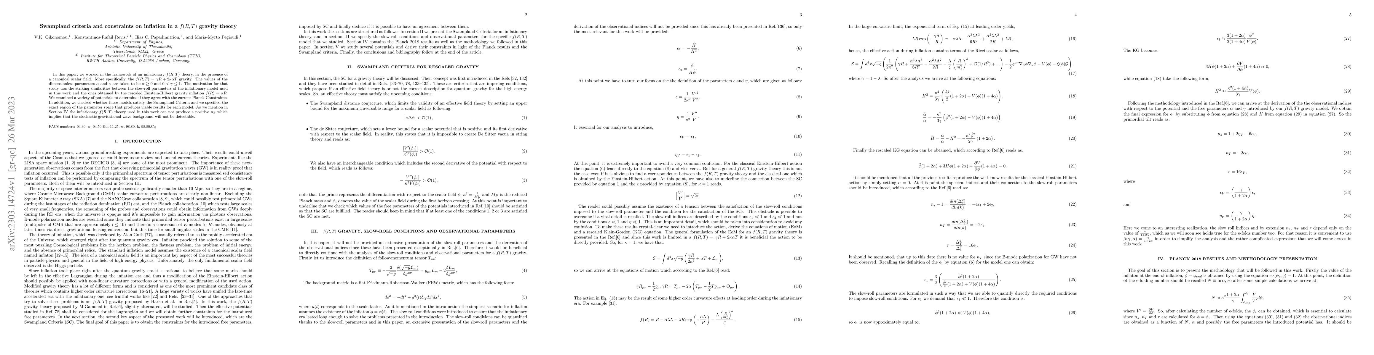 Thumbnail for Swampland Criteria and Constraints on Inflation in a $f(R,T)$ Gravity
  Theory
