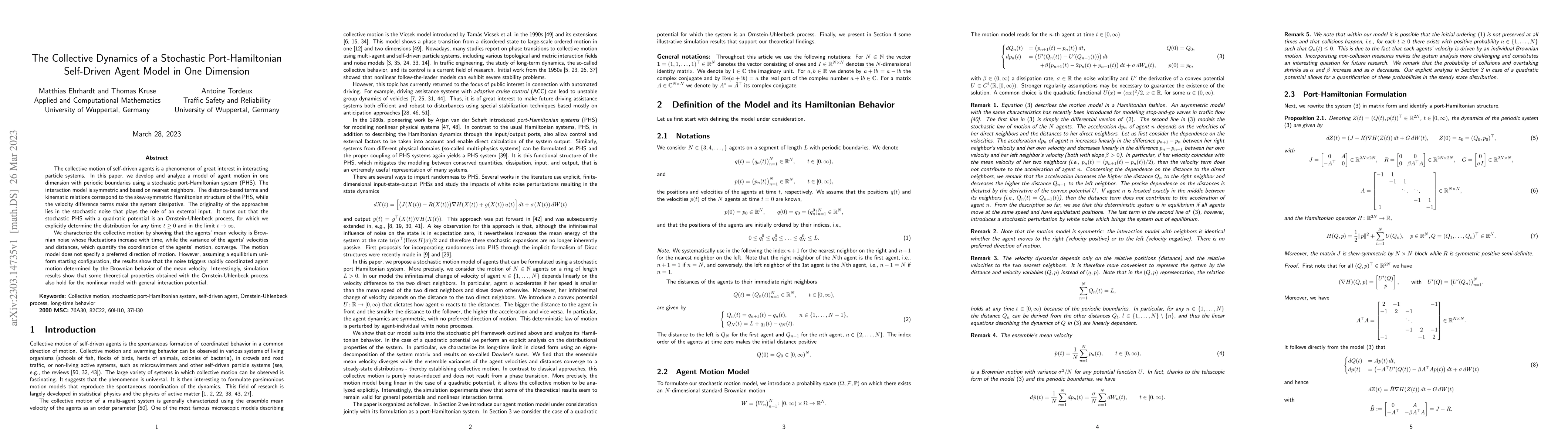 Thumbnail for The Collective Dynamics of a Stochastic Port-Hamiltonian Self-Driven
  Agent Model in One Dimension