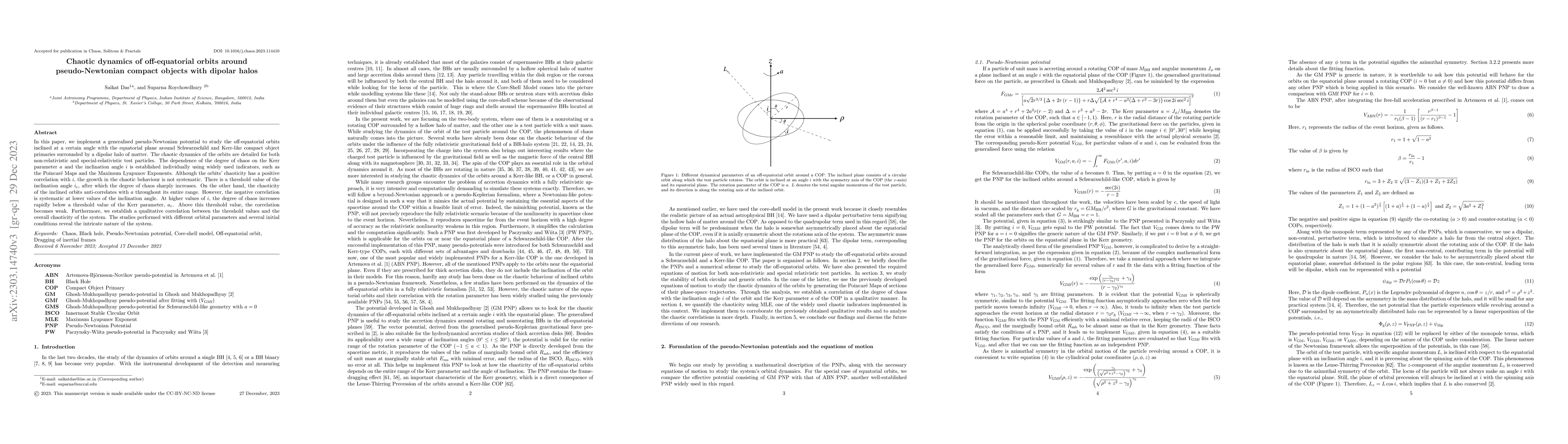 Thumbnail for Chaotic dynamics of off-equatorial orbits around pseudo-Newtonian
  compact objects with dipolar halos