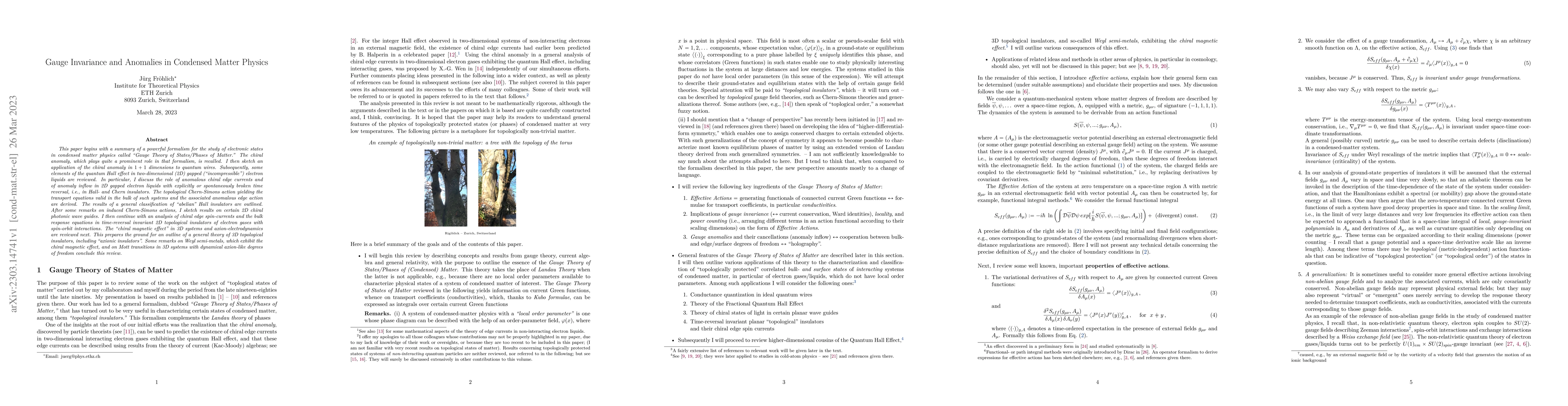 Thumbnail for Gauge Invariance and Anomalies in Condensed Matter Physics