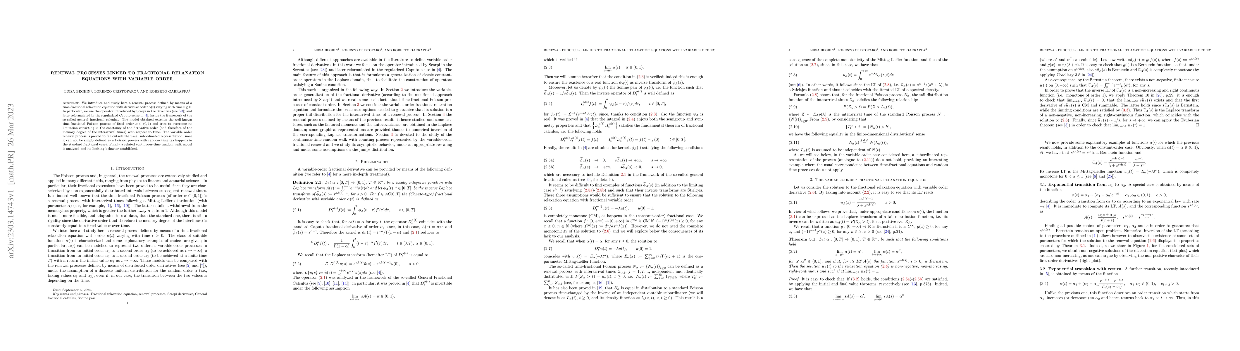 Thumbnail for Renewal processes linked to fractional relaxation equations with
  variable order
