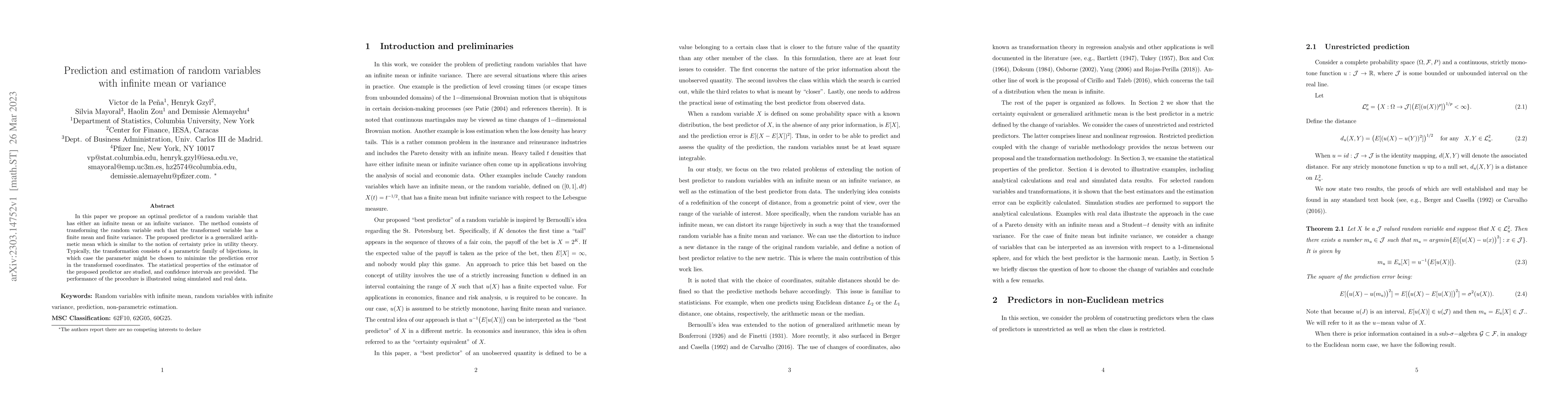 Thumbnail for Prediction and estimation of random variables with infinite mean or
  variance