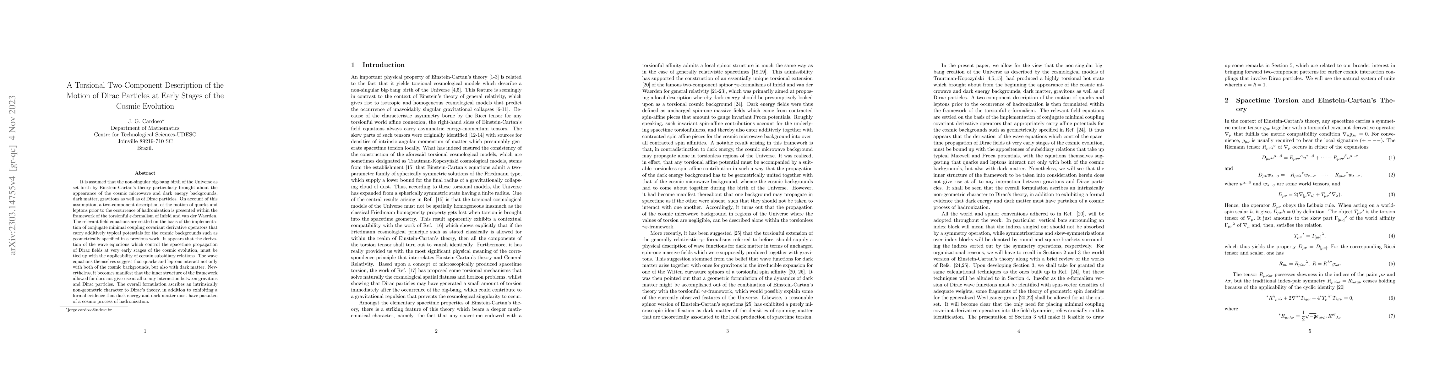 Thumbnail for A Torsional Two-Component Description of the Motion of Dirac Particles
  at Early Stages of the Cosmic Evolution
