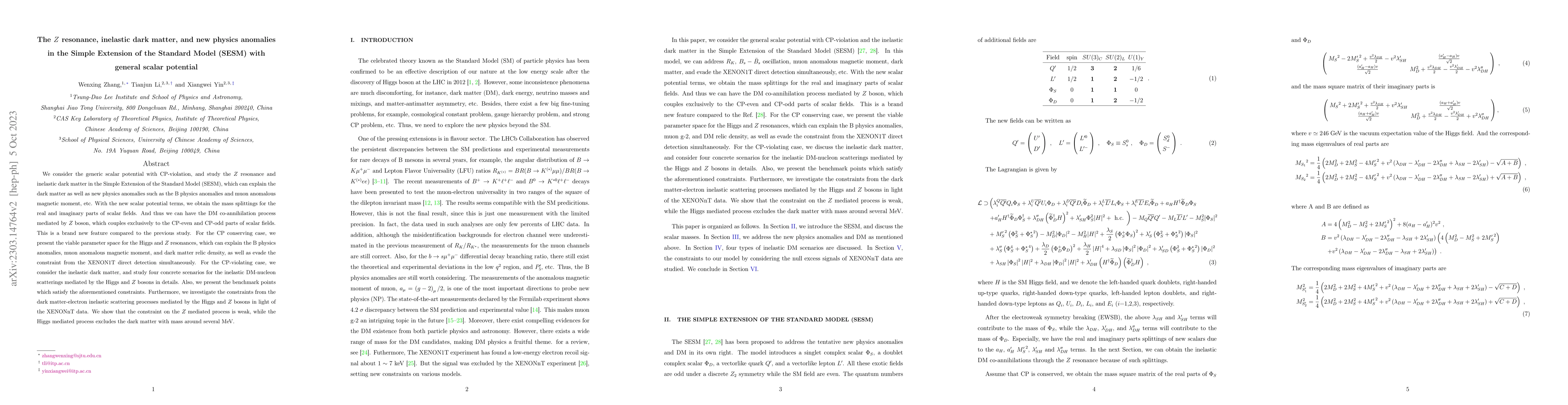 Thumbnail for The $Z$ resonance, inelastic dark matter, and new physics anomalies in
  the Simple Extension of the Standard Model (SESM) with general scalar
  potential