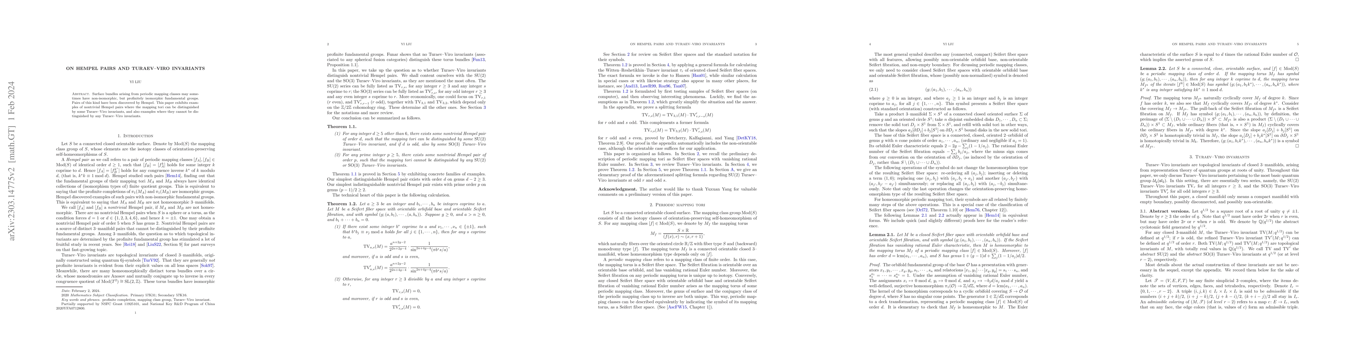 Thumbnail for On Hempel pairs and Turaev--Viro invariants