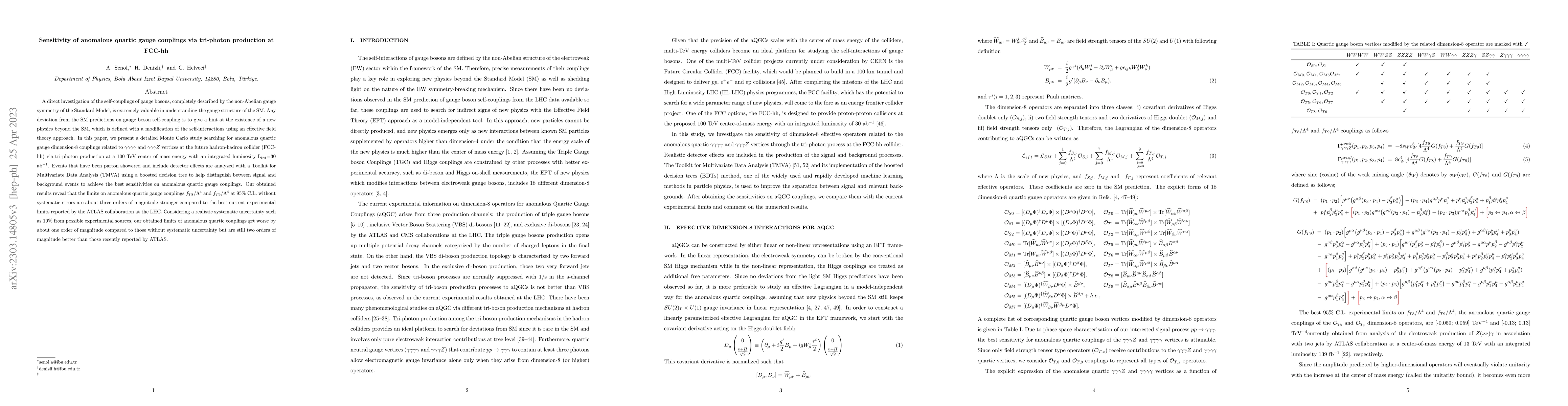 Thumbnail for Sensitivity of anomalous quartic gauge couplings via tri-photon
  production at FCC-hh