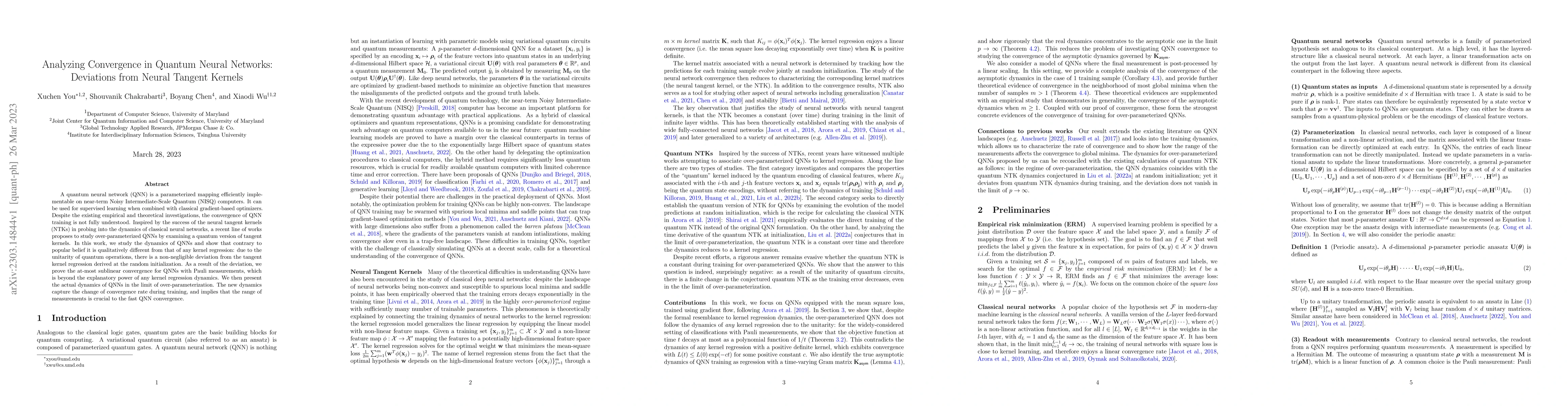 Thumbnail for Analyzing Convergence in Quantum Neural Networks: Deviations from Neural
  Tangent Kernels